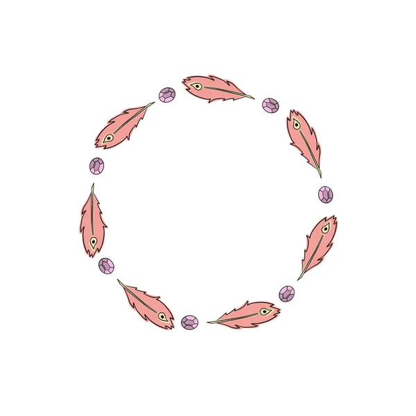 Cadres Ronds Style Boho Avec Perles Pendentifs Plumes Cristaux Couronne — Image vectorielle