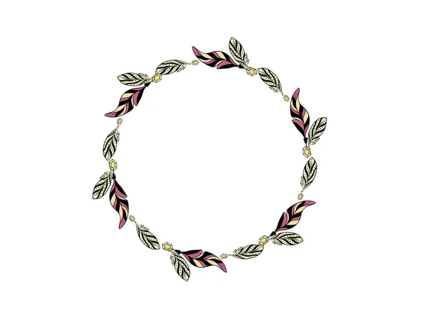 圆圆的文字框架在Boho风格与珠子 羽毛和水晶 老式模板花环 圆形框架 矢量说明 — 图库矢量图片