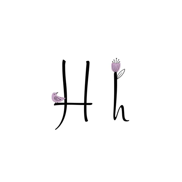 用手绘的信有花的信春季字母 线条艺术 风格字母H 字母矢量图解 — 图库矢量图片