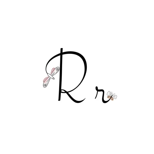 用手绘的信有花的信春季字母 线条艺术 风格字母R装饰 字母矢量图解 — 图库矢量图片