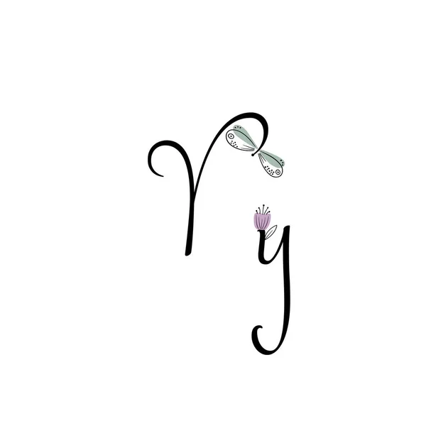 Letters drawn by hand. Letters with flowers. Spring alphabet. The letters of the branches. Line art. — Image vectorielle