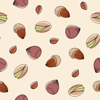 El çizimi, fındık, fıstık, badem, fındık, fındık, fındık, fındık, fındık. Vektör çizimi. Grafik biçimi etiketindeki ögeler, etiket, menü, paket