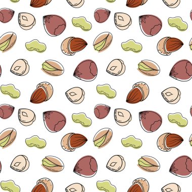 El çizimi, fındık, fıstık, badem, fındık, fındık, fındık, fındık, fındık. Vektör çizimi. Grafik biçimi etiketindeki ögeler, etiket, menü, paket