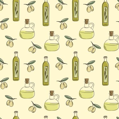 Siyah ve yeşil zeytin ile renkli dikişsiz desen, el çizilmiş. Vektör çizimi