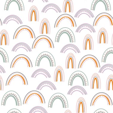 Gökkuşağı, kalp, kelebek desenli kusursuz desen. El çizimi hoş bir doku. Modern süs vektörü. Kumaş ya da çocukça tasarım için mükemmel