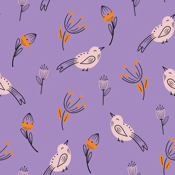 Modèle Sans Couture Oiseau Doodle Coloré Collection Oiseaux Plats Dessinés — Image vectorielle