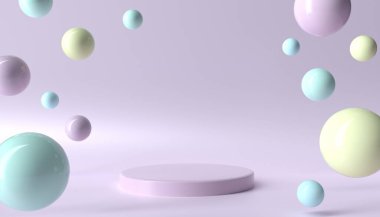 Mavi ve pembe gerçekçi, uçan küre topu ya da pembe baloncuklu kaide podyumu. Üç boyutlu geometrik platformlu soyut stüdyo odası. Ürünlerin tanıtım ekranı için en küçük sahne.