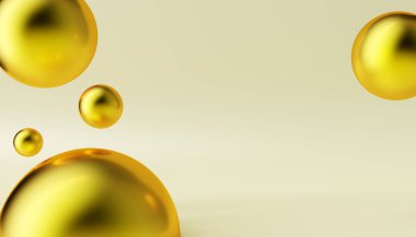 Dinamik 3D altın kürelerle soyut bir arkaplan. Gerçekçi 3 boyutlu şekiller. Metin için boşluk kenarlıkları. Şenlikli poster, el ilanı, şık broşür..