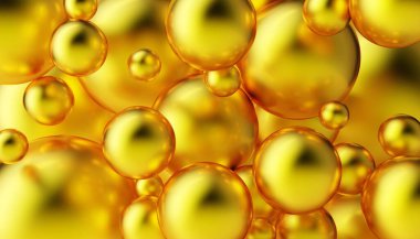 Dinamik 3D altın kürelerle soyut bir arkaplan. Gerçekçi 3 boyutlu şekiller. Metin için boşluk kenarlıkları. Şenlikli poster, el ilanı, şık broşür..