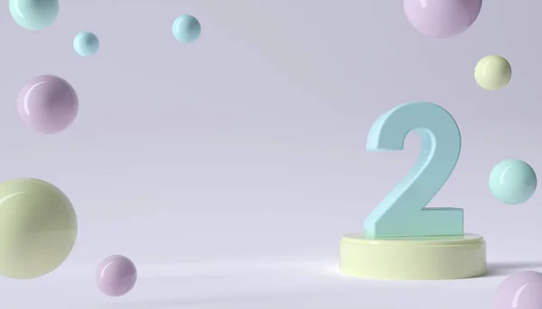 Number two on a pedestal web banner. Delicate 3d numbers with podium for celebration. Cute 3d number 2 on a podium, background rendering with balloons and bubbles.