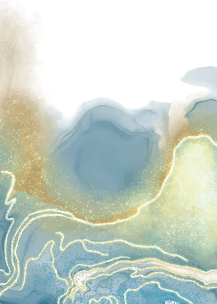金色の汚れで青と砂の色の液体水彩の背景をティール キャンバス 結婚式 名刺のためのベクトルで作られた豪華な最小限のターコイズフルードアルコールインクの描画効果 — ストックベクタ