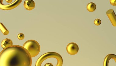 Dinamik 3D altın kürelerle soyut bir arkaplan. Gerçekçi 3 boyutlu şekiller. Metin için boşluk kenarlıkları. Şenlikli poster, el ilanı, şık broşür..
