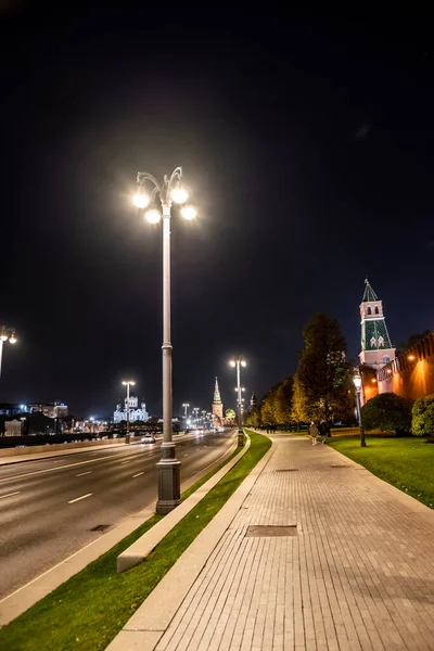 Night Landscape City Illuminated Old Houses Churches Fortress Wall — Stock Photo, Image