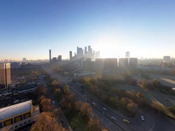 Une Vue Panoramique Des Gratte Ciel Affaires Ville Matin Brouillard — Photo