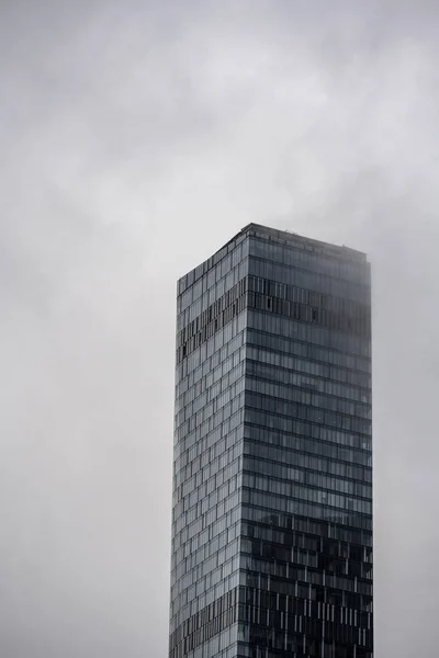 Kilátás Modern Épületek Üvegből Betonból Szemben Szürke Őszi Égbolt — Stock Fotó