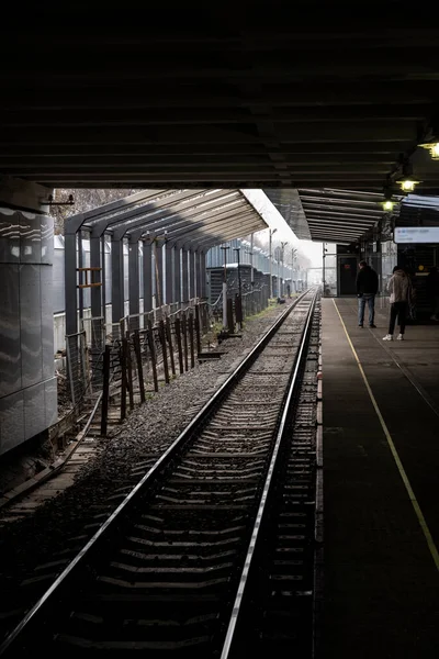 Station Met Aankomende Trein Grijze Herfstdag — Stockfoto