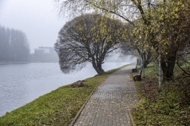Bulutlu bir sonbahar gününde nehir seti ve sonbahar parkı 