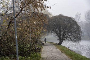 Bulutlu bir sonbahar gününde nehir seti ve sonbahar parkı 