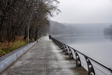 Bulutlu bir sonbahar gününde nehir seti ve sonbahar parkı 