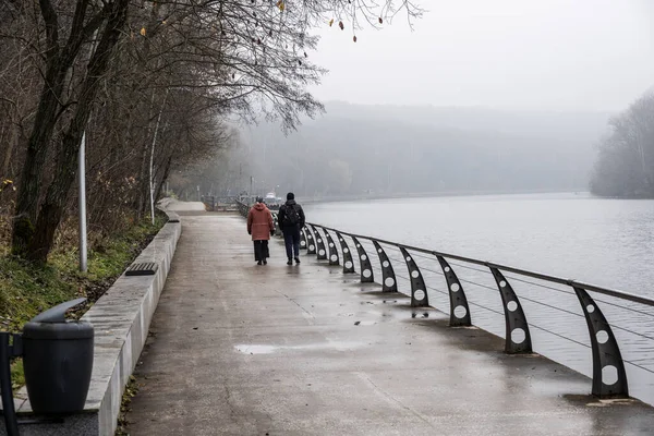 Bulutlu bir sonbahar gününde nehir seti ve sonbahar parkı 