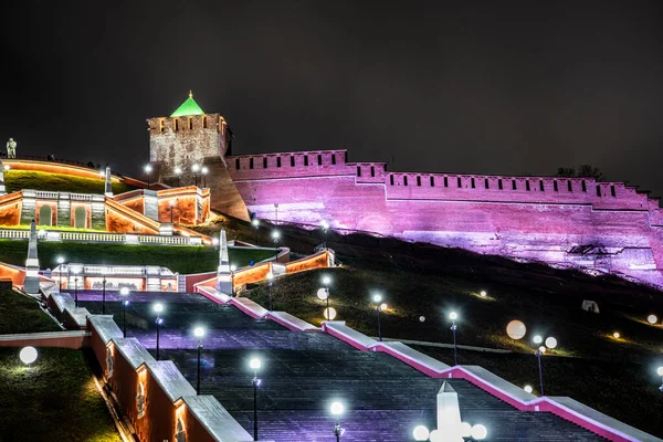 Vieux Kremlin Nijni Novgorod Nuit Avec Éclairage Violet — Photo