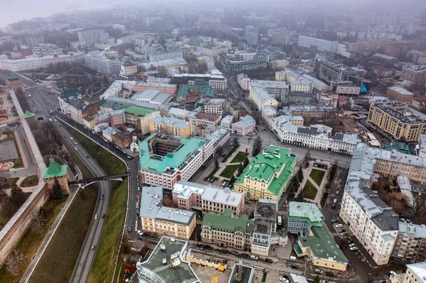 Panoramiczny Widok Drona Historycznego Centrum Niżnego Nowogrodu Pochmurny Jesienny Dzień — Zdjęcie stockowe