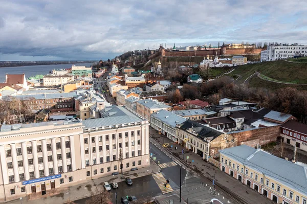 Panoramautsikt Från Drönare Den Historiska Stadskärnan Nizjnij Novgorod Molnig Höstdag — Stockfoto