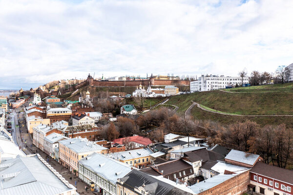 a panoramic view from a drone of the historical center of Nizhny Novgorod on a cloudy autumn day 