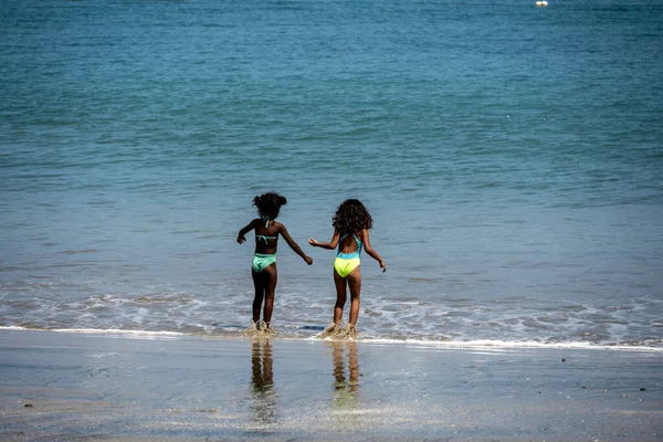 Happy Hispanic Children Play Sandy Shore Sea Imagen De Stock