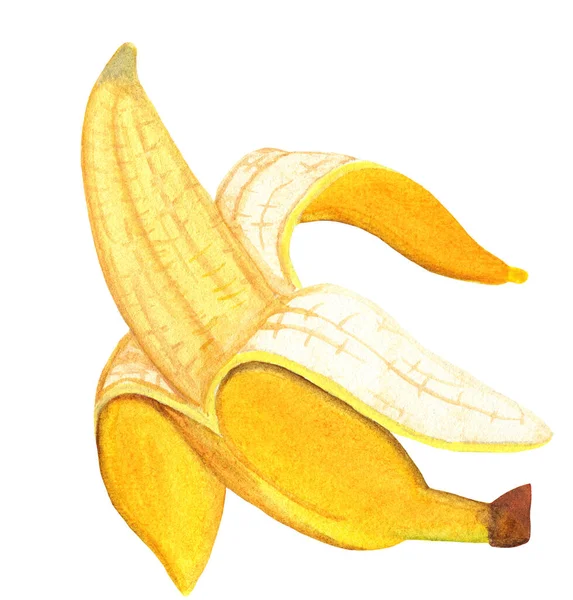 Banan częściowo obrany izolowany na białym tle z otwartą skórką i słodkim mięsem — Zdjęcie stockowe