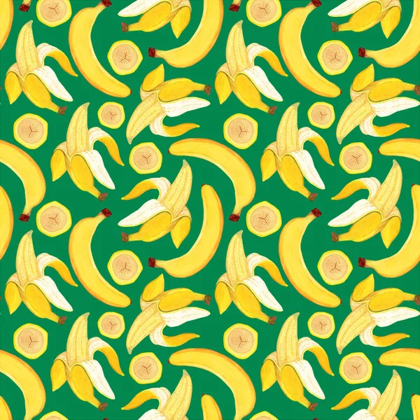 Patrón sin costuras de plátano. Acuarela pintada tropical amarillo palmera fruta pelada — Foto de Stock