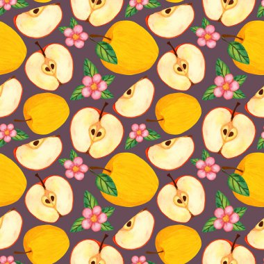 Elmalı ve çiçek açan dallı altın sarısı suluboya deseni