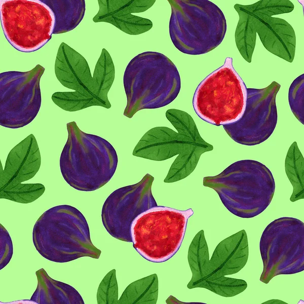 Violet fig fruit watercolor seamless pattern. Exotic ripe purple fig with leaves — ストック写真