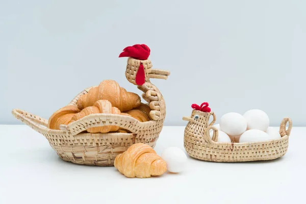 Nutritious Breakfast Eggs Croissants Basket — Stock Photo, Image