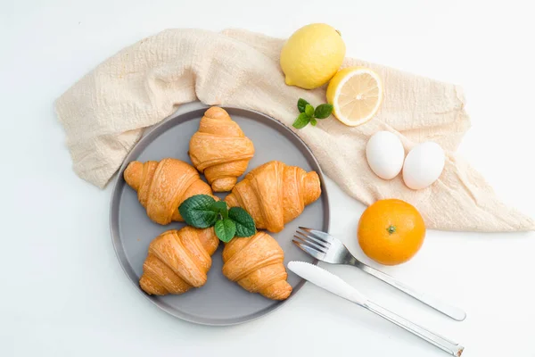 Nutritious Breakfast Eggs Croissants Fruit — Stock Photo, Image