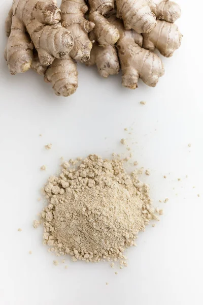 Heap Dried Ginger Powder Fresh Ginger Isolated White Background Top — Stock Photo, Image