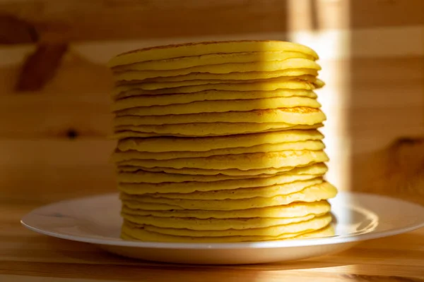 High Stack Home Made Pancakes White Plate Breakfast Whole Family — Stock Photo, Image