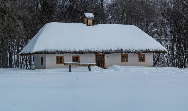 Winter Landscape Traditional Ukrainian Village Ancient House Pirogovo Ethnographic Museum — Stock Photo, Image
