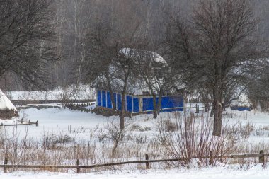 Geleneksel Ukrayna köyünün kış manzarası