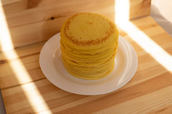 High Stack Home Made Pancakes White Plate Breakfast Whole Family — Stock Photo, Image