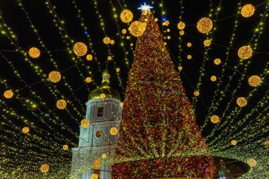 KYIV, UKRAINE - DECEMBER 25,2021: Christmas tree on Sofiivska Square  in Kyiv, Ukraine on December 25, 2021. 