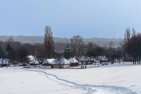 Зимний Пейзаж Традиционной Украинской Деревни — стоковое фото