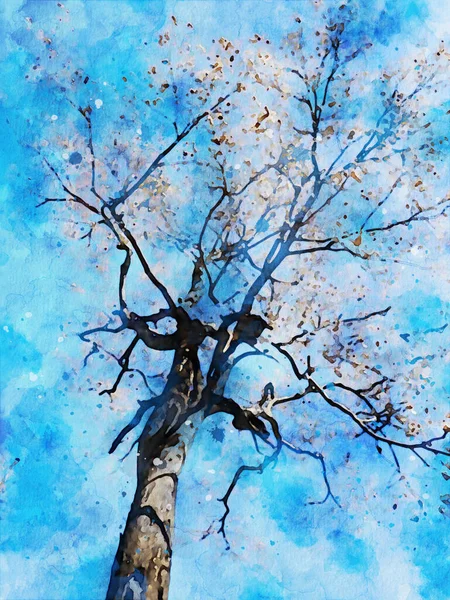 Digital watercolor painting of tree with flowers in spring season on blue background