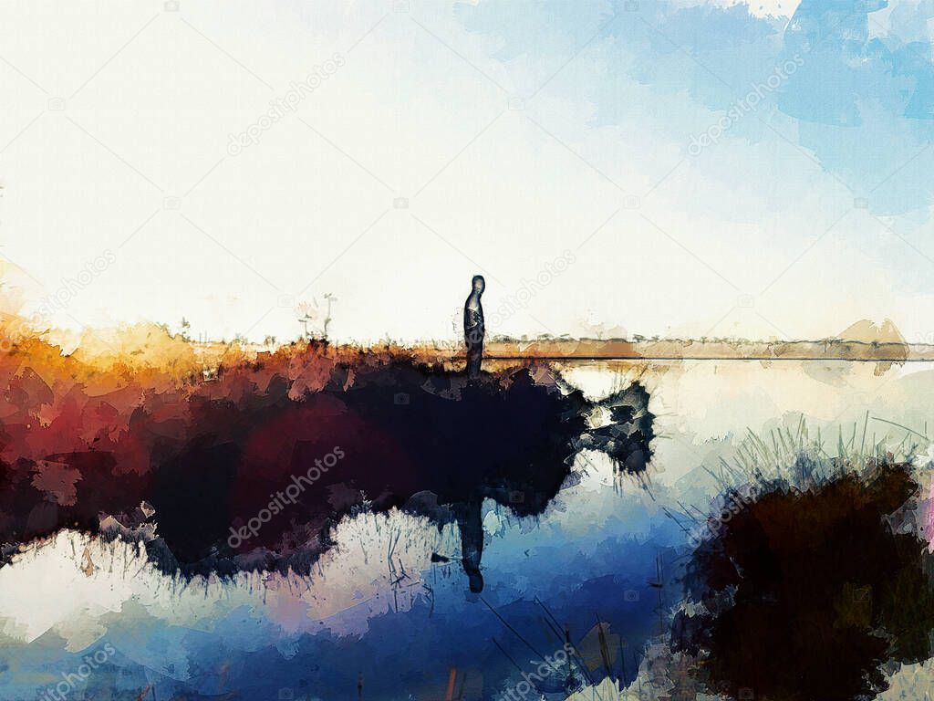 Digital painting of blue lake with man at morning time