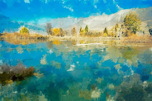 Digitaal Schilderij Van Landschap Herfst Gele Blauwe Tinten Olieverf Textuur — Stockfoto
