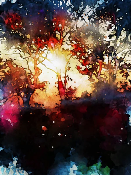 Abstract Digital Painting Tree Sunset Time Watercolor Painting Warm Tone — Stockfoto