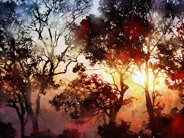 Abstract Digital Painting Tree Sunset Time Watercolor Painting Warm Tone — ストック写真