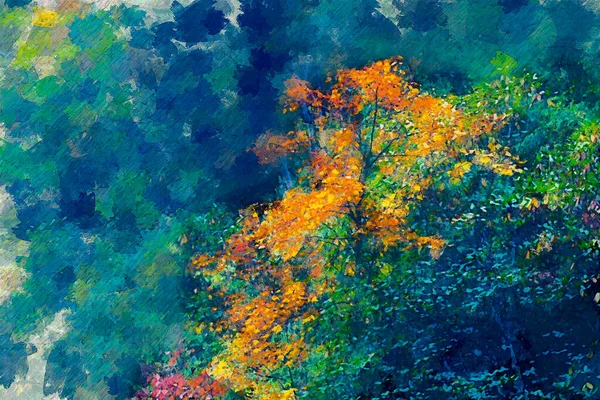 Digital painting of autumn tree with yellow leaves