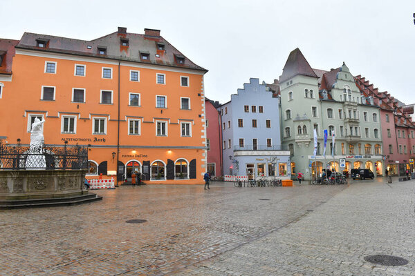 Old town of Regensburg on the Danube in the rain in winter, Bavaria
