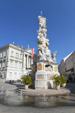 Plague column on the town square of the spa town of Baden near Vienna, Lower Austria, Austria